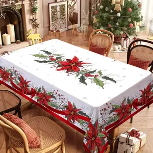 Rectangular Christmas Tablecloth, Poinsettia Flower Design, Perfect for New Year Parties and Banquets, Best Christmas Gift