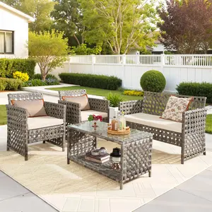 CAODDOC 4-Piece Patio Furniture Set,Outdoor Wicker Furniture with Coffee Table,Modern Rattan Chairs Conversation Set,Outdoor Seating,Weather-Resistant for Porch, Garden, Lawn