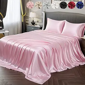 4PCS Satin Bedding Set with Fitted Sheet, Flat Sheet and Pillowcases, Silky Soft Breathable Cooling Bedding, Dustproof Mattress Protector, Deep Pocket 6"-18", Multiple Sizes, Silky Bedding Sheets