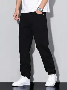 Homme Men's Simple Style Casual Daily Solid Color Plain Jeans Relaxed Fit, Black Joggers Men Pants