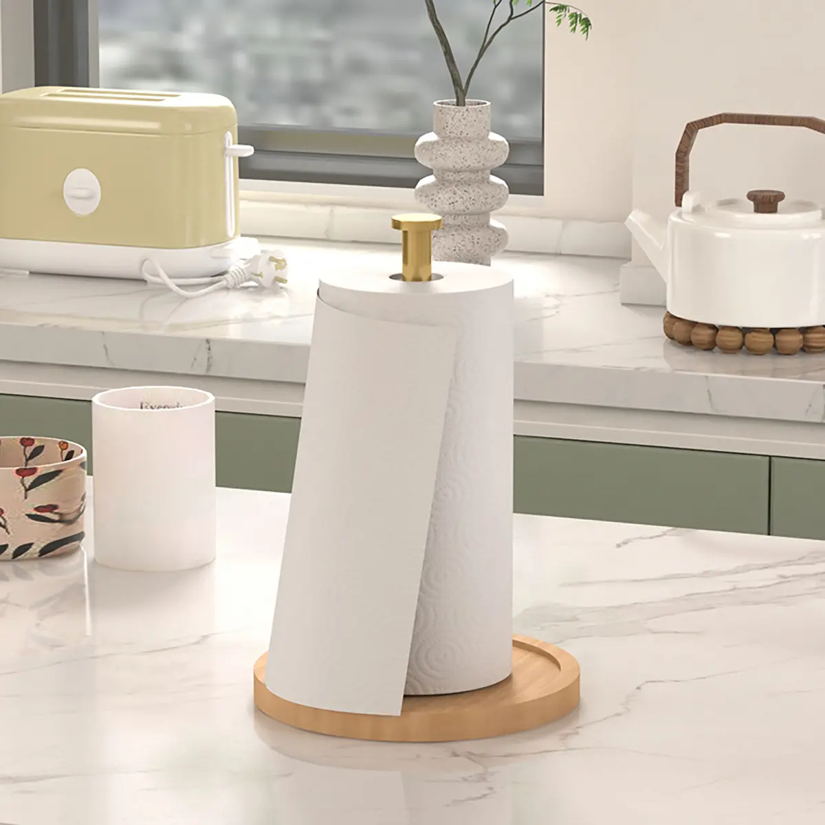 Modern Kitchen Paper Towel Holder, Wooden Base Countertop Stand, Home & Restaurant Use, Modern Design, Kitchen Accessories, Toilet Paper Holder, Toilet Paper Organizer, Tissue Holder