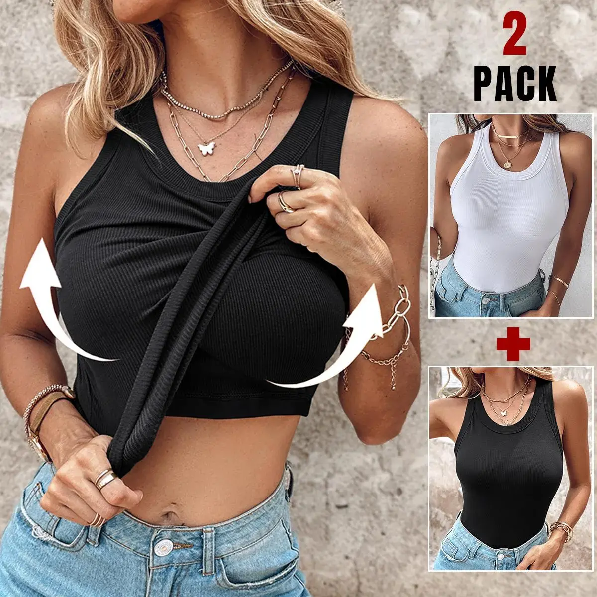 EMMIOL【New-in Sale Buy 2 Save 5】Built-In Bra Tank Top No Bra Needed Ribbed Round Neckline Support Top for Women Ribbed Racerback Tops Women Going Out Tops Everyday Basic Tanks Padded Tops