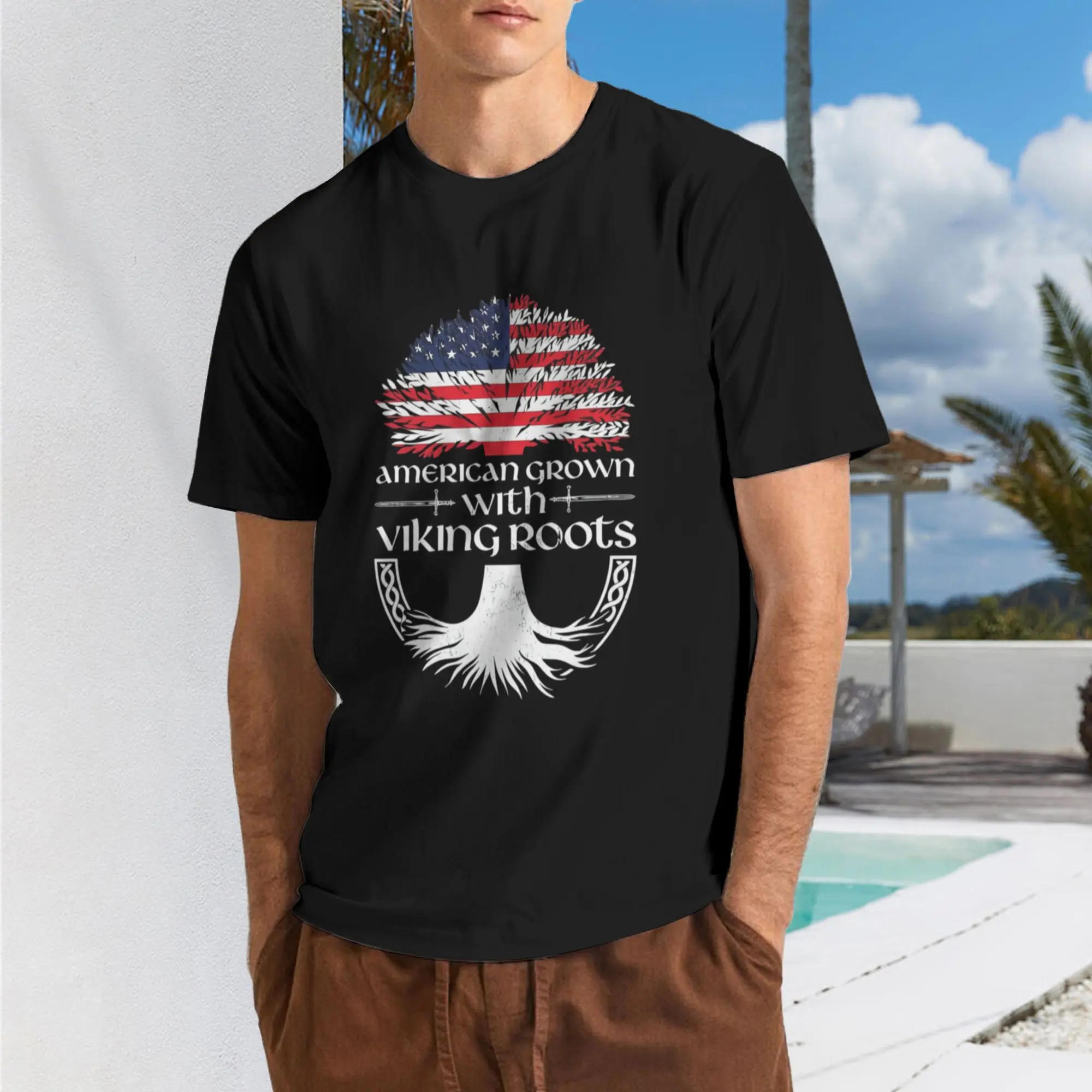 Men's Summer Casual Short-Sleeve T-Shirt - Menswear Tops with American-Grown Viking Roots, Breathable Soft Slightly Stretchy Fabric, Comfortable Street Hip Hop Unisex Tee, Shortsleeve