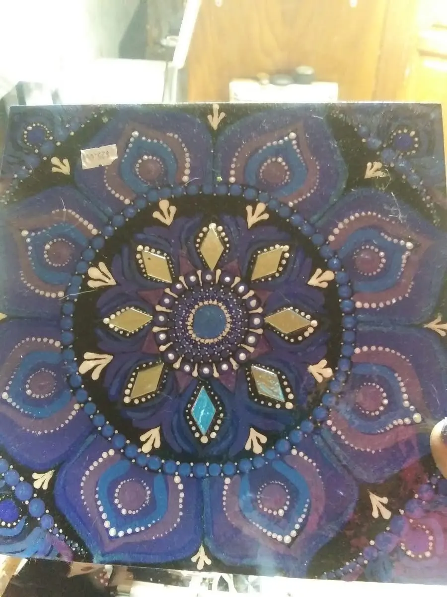 10x10 Indigo "Rainbow Chakra" hand painted wood canvas with mirror accents