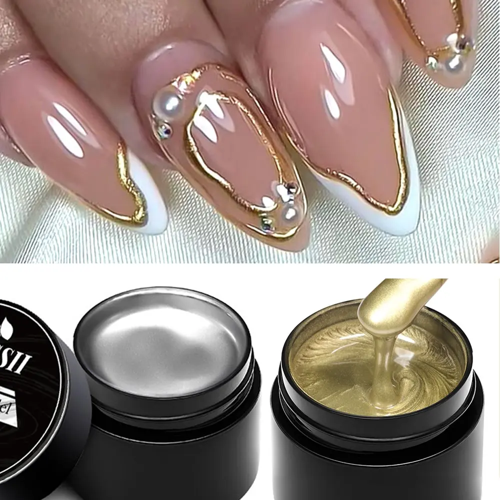 MTSSII 2pcs Metallic Sparkle Painting Gel Nail Polish Set, Golden Silvery Metallic Mirror Effect Drawing Gel Polish, Super Bright Shiny Nail Art Gel Varnish Flower Drawing Lines French Nail Art Design for Nails