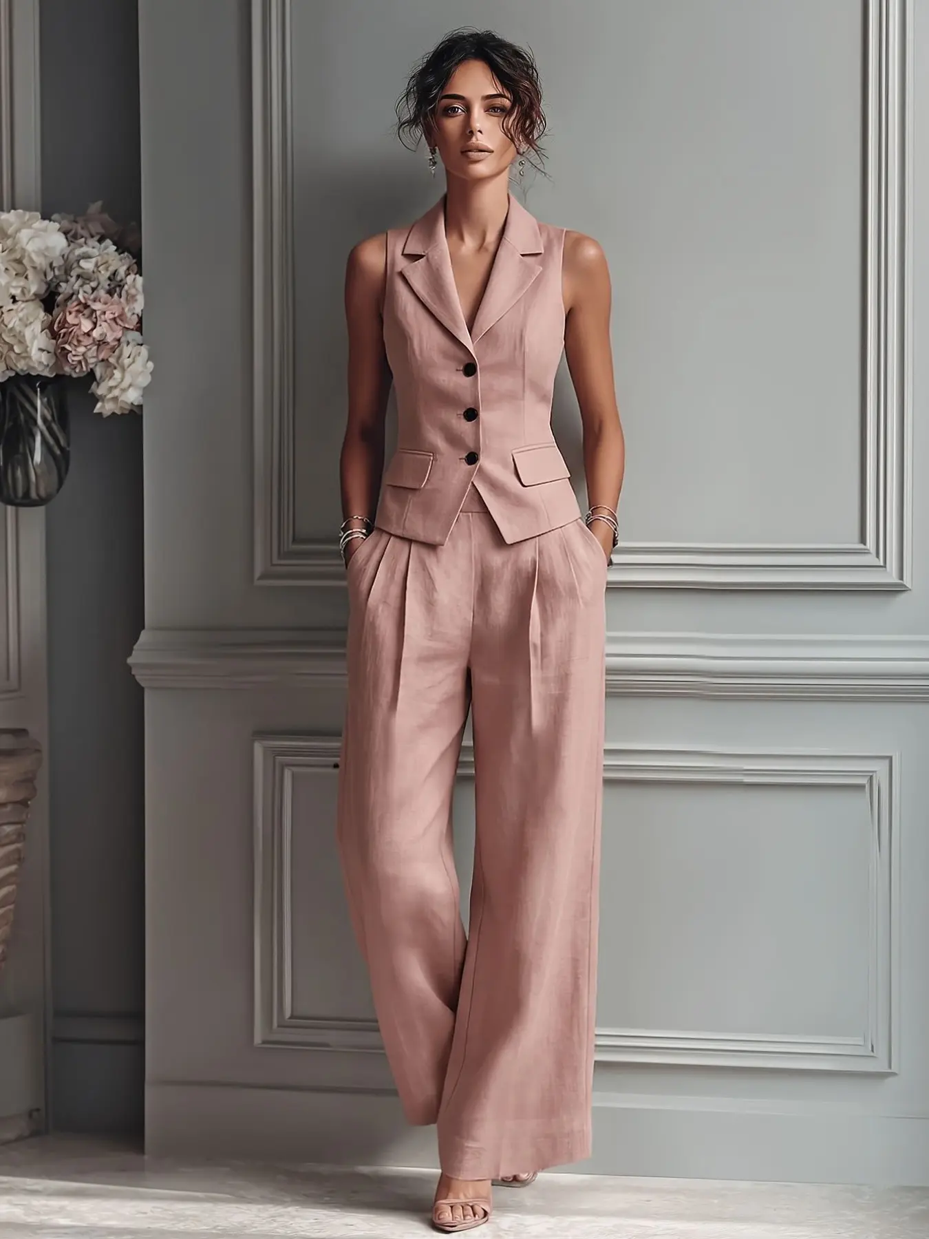 Elegant Women's Solid Sleeveless Two-Piece Set Suits for Spring and Summer, Slim-Fitting Fashionable, Perfect for Daily Wear and Special Occasions, Pants Matching Sets