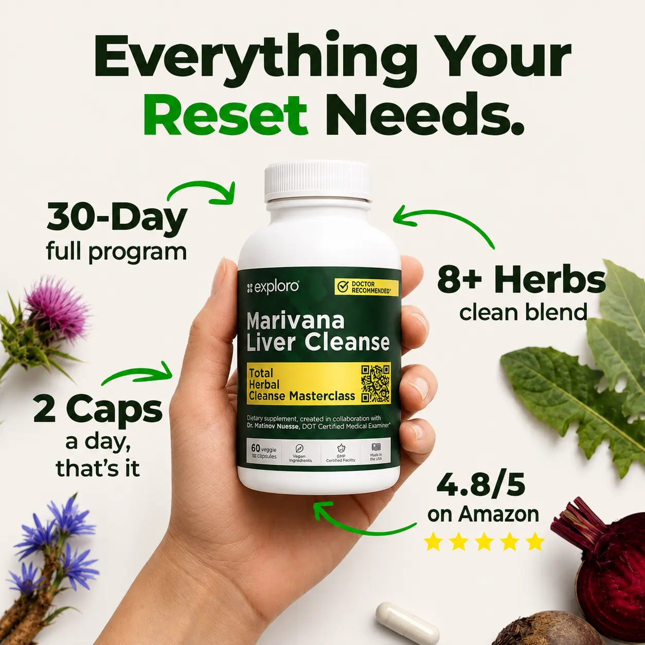 Exploro Liver Cleanse, Daily User's Detox Support, Dietary Supplement with Natural Ingredients, Milk Thistle, Berberine, Zinc, 60 Capsules Herbal Dietary Supplement Non Gmo Supplement