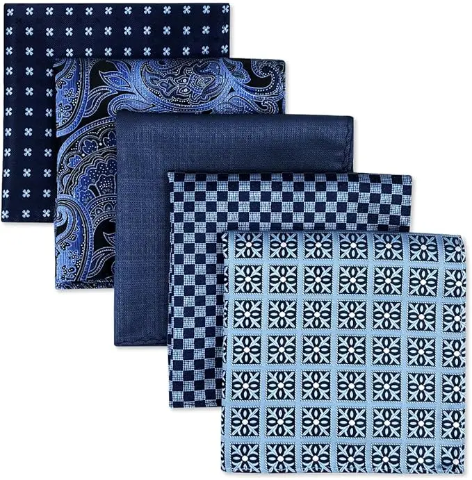 Men's 5-Piece Silk Fabric Pocket Squares Set, Male Multi-Patterns Varied Prints Handkerchiefs, Male Set