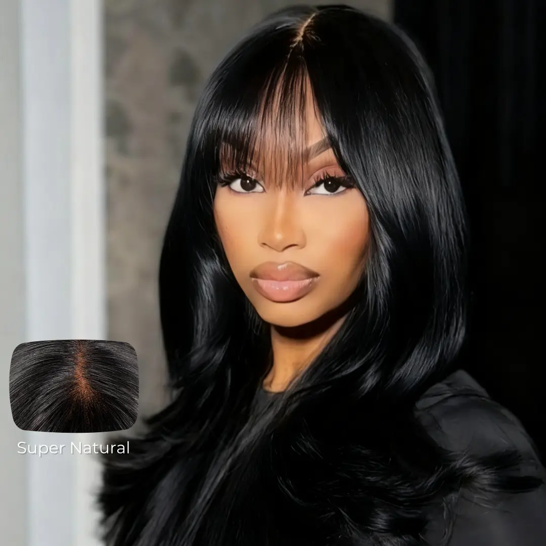 AliPearl Wigs Straight Layered Cut Wig With Fringe Bangs Glueless 5x7 Lace Closure Wig Natural Black Human Hair Wig Pre Cut Lace Pre Plucked