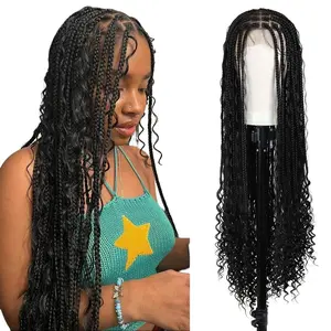 SuperNova 36" Lace Front Suqare & Triangle Top Synthetic Boho Braided Wig Water Wavy Curls Ends