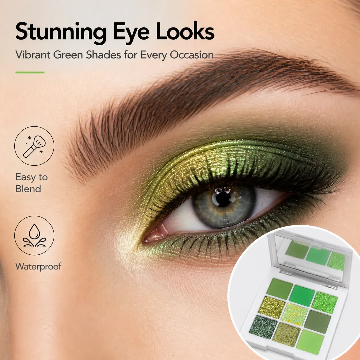 INSFANY 9-Color Green Eyeshadow Palette - Single Item, Matte/Shimmer/Sparkle Finishes, Low-Saturation Forest Moss & Avocado Shades for Swollen Eyelids, Buildable Waterproof Long-Lasting, Cruelty-Free for Beginners' Daily Wear & Party Makeup