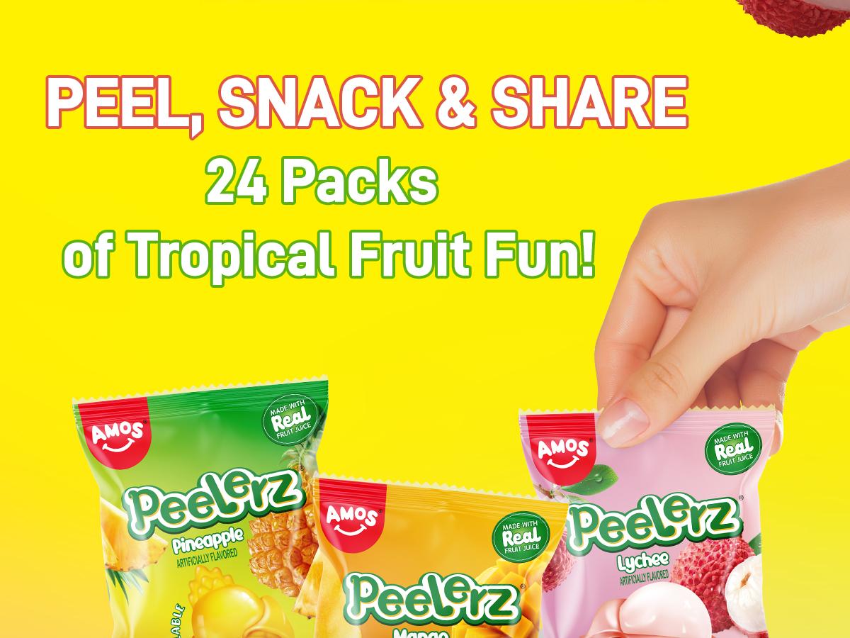 Amos Peelerz Assorted Gummy  608g Peelable Fruit Gummies with Hawaiian Flavors: Mango, Lychee, Pineapple, 24 Shareable Packs , Perfect Candy black to school Sweet