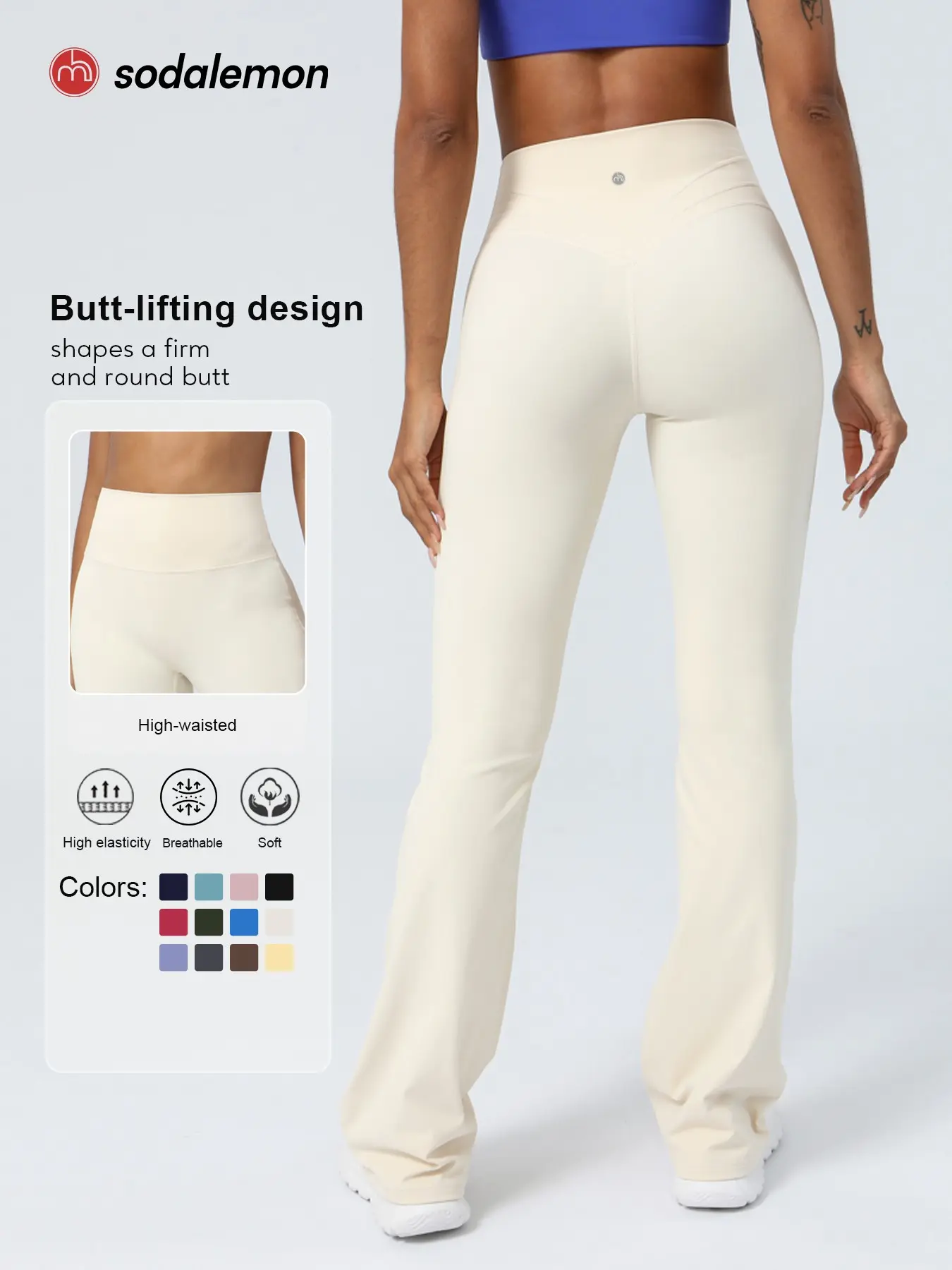 Sodalemon Women's Solid Color High-Waisted Yoga Pants, Elastic Tummy Control, Flare Leggings, High Waist Activewear, Suitable for Yoga, Pilates & Fitness, Workout Leggings, Fitness Clothes