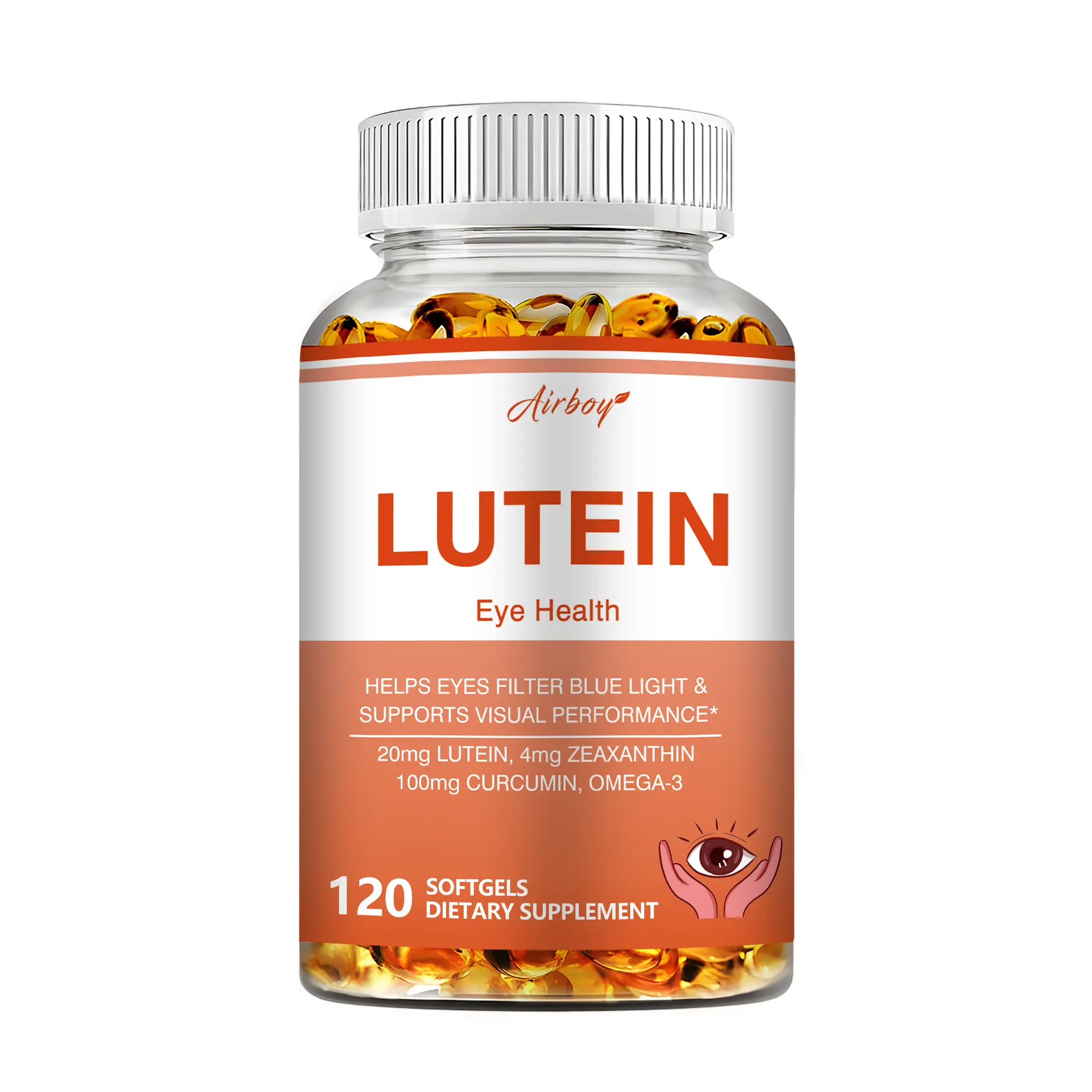 Dietary supplement softgels (120 count per bottle). Supports visual performance and eye health; formulated with premium ingredients including Vitamin E, zinc, curcumin, lutein, zeaxanthin, and Omega-3.