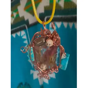 Wild in Wire Forest and Flame Handmade Pendant - Wire Wrapped Floral Design with Yellow Cord