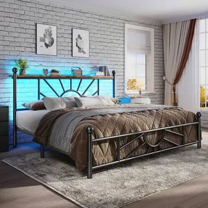 Metal    LED Light Platform    Headboard & Footboard Mattress Foundation Under  Storage,Easy Assembly, Black bed with canopy frame Queen Size Floor Guardrail