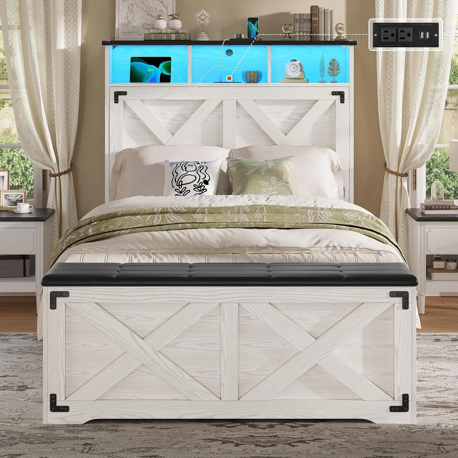 Hasuit Twin Wood-Finished Bed Frame - Farmhouse Barn Door Design, Storage Headboard, Charging Station, LED Accent Lights, Storage Ottoman, No Noise, Spacious Metal Bed Frame, Twin Bed Frame, Metal Bed Frames