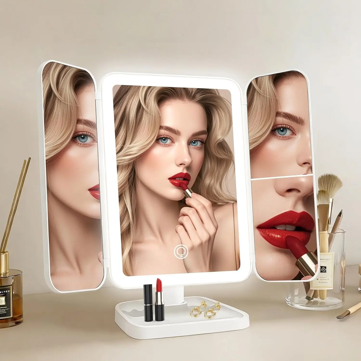 Rechargeable Trifold Lighted Vanity Mirror - 1X/2X/3X Magnifier, 3 Color Eye-Caring LED-Powered Lights, Touch Sensor, Dimmable Foldable for Travel, Desk, Gifts for Women, Dimmable Tabletop Mirrors