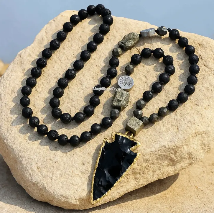 Men's Handmade Natural Stone Mala Necklace - Knotted Lava-Black Obsidian Bead Pendant Jewelry for Grounding Meditation, Aromatherapy Use with Durability & Strength Benefits