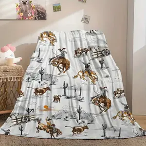Western Cowboy Print Flannel Fabric Blanket - 280GSM Soft All-Season Throw, Horse & Cactus Design, Fade Resistant, Durable Home Decor for Sofa, Bed, Cowboy Decor Enthusiasts Gift