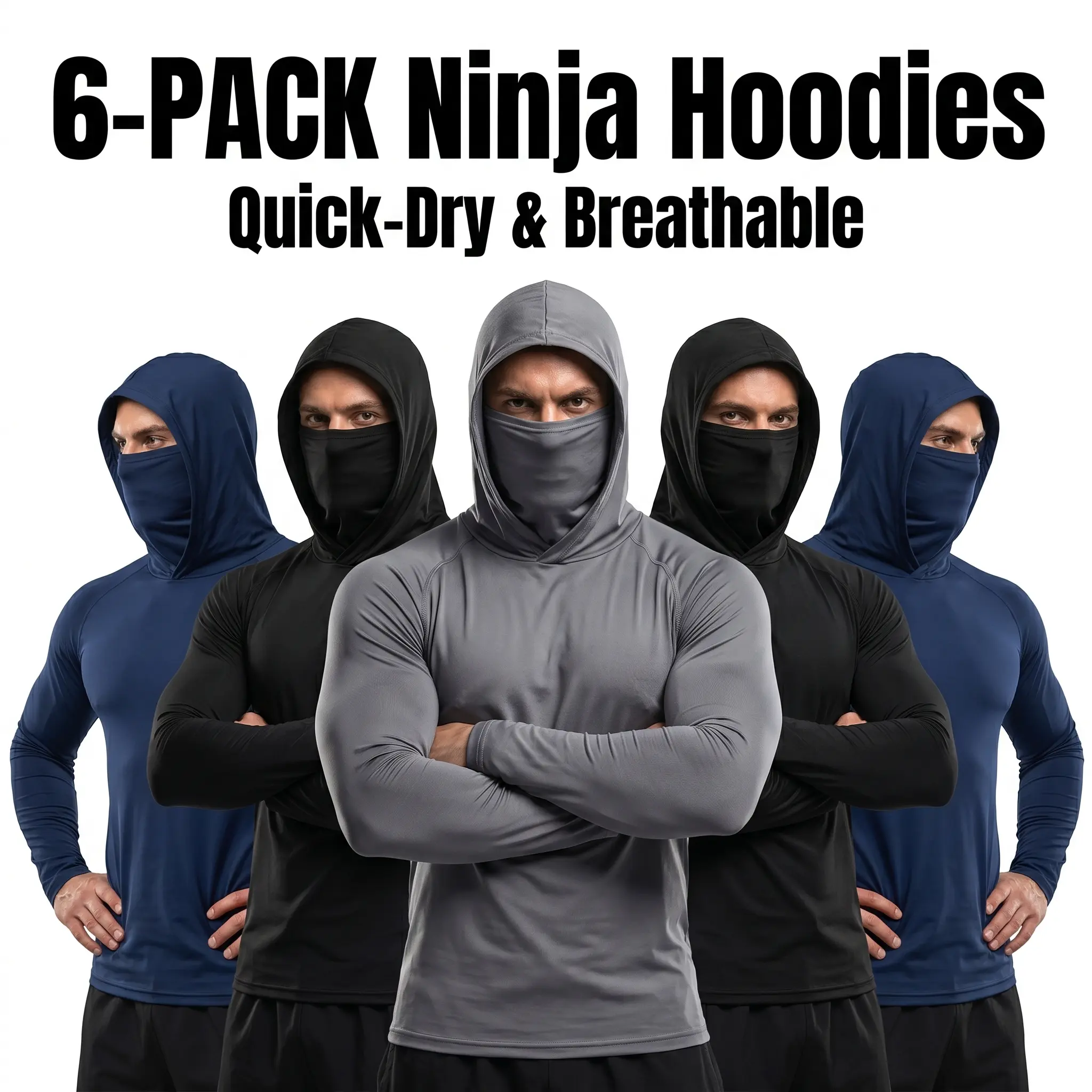Men's 6-Pack Outdoor Work Shirts with Hood and Face Cover, Breathable Lightweight Long Sleeve Shirts for Lawn Care, Gardening and Construction