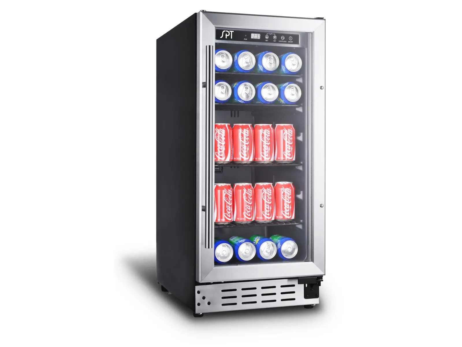SPT BC-92USA Black Under Counter Bar Fridge - 92-Can 12 oz Beverage Cooler, LED Display, Memory IC, Adjustable Shelf, Reversible Door, Stainless Trim for Game Room Entertaining