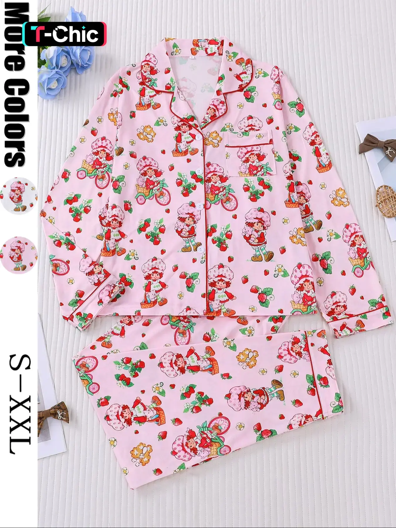 Women's Strawberry Print Sleepwear Set, Pajama Set, Pjs, Long Sleeve Button-Up Top & Elastic Pants, Casual Home Wear, Party, Loungewear