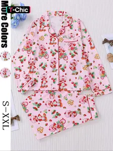 Women's Cute Strawberry Pattern Print Sleepwear Set, Long-Sleeve Button-Up Top & Elastic-Waist Pants, Casual Fall Winter Pajamas Pjs, Comfortable Soft Home Wear Loungewear
