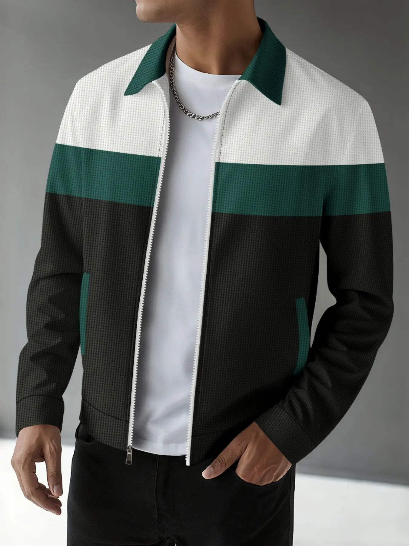 Men's Colorblock Harrington Jacket, Casual Full Zip Lapel Pilot Jacket with Pockets, Stylish Outerwear for Everyday Wear