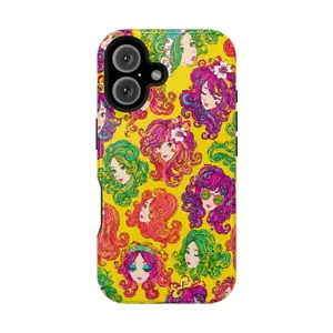 Retro Psychedelic Girl Glossy Phone Case Doll 60's 70's Psychadelic orange green purple fun hippie Pattern Phone Case For IPhone 17-12, Pro Max, Pro Plus, and Samsung S26-23 Safety Two-In-One Case