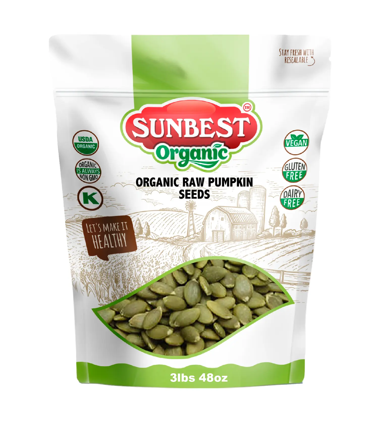 Organic Raw Pumpkin Seeds from Sunbest Natural – 3 Pound Bulk Bag (48 oz) USDA Organic, Unsalted Shelled Pepita Seeds, Gluten-Free, Non-GMO, High Protein, Vegan, Kosher, Healthy Snacking & Cooking Superfood