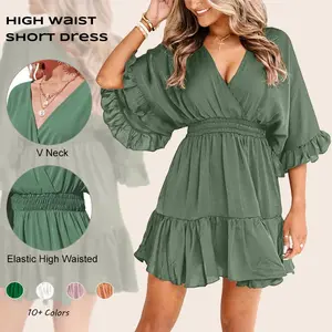 Imily Bela Womens V Neck Casual Dresses Summer Loose High Waist Ruffle Pleated Cute Mini Short Dress