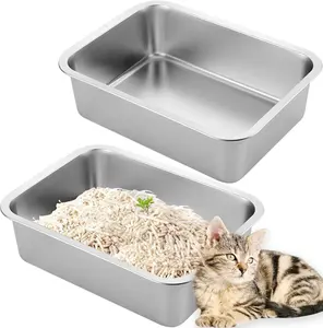 Petwhole 2-Pack Stainless Steel Litter Box, High-Sided Non-Stick Metal Litter Pan, 17.5x13.5x4Inch Cat Toilet