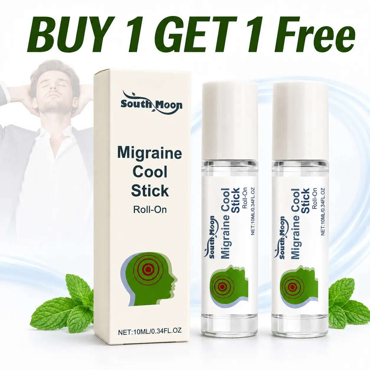Peppermint-Infused Migraine Cool Stick Roll-On, Pocket-Size Body Massage Oil with Refreshing Aroma for Tension Relief, On-The-Go Head Comfort, Buy 1 Get 1