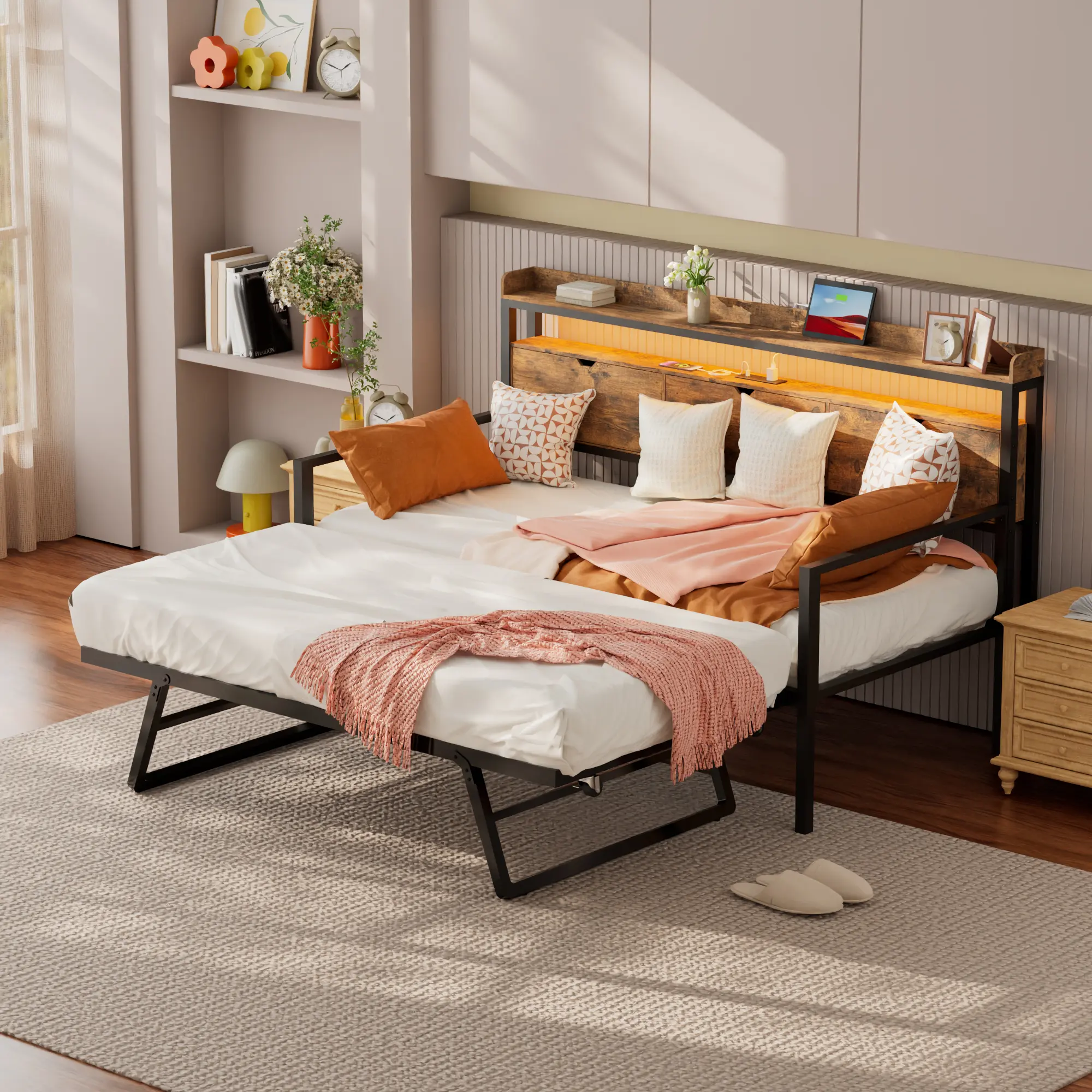 Modern Folding Bed with Wood and Black Metal Frame for Home Dormitories, Comfortable and Durable Design