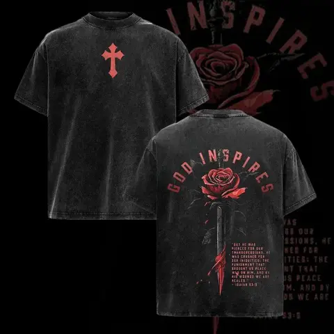 Menswear Vintage Washed God-Inspired Rose Sword Hoodie & T-Shirt, Oversized Pump Cover Workout Training Top, Christian Gym Apparel with Isaiah 53:5 Bible Verse, Faith Athletic Graphic Tee Tshirt Streetwear Crewneck Wetsuit