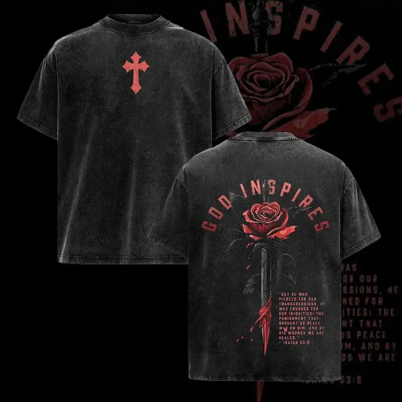 Menswear Vintage Washed God-Inspired Rose Sword Hoodie & T-Shirt, Oversized Pump Cover Workout Training Top, Christian Gym Apparel with Isaiah 53:5 Bible Verse, Faith Athletic Graphic Tee Tshirt Streetwear Crewneck Wetsuit