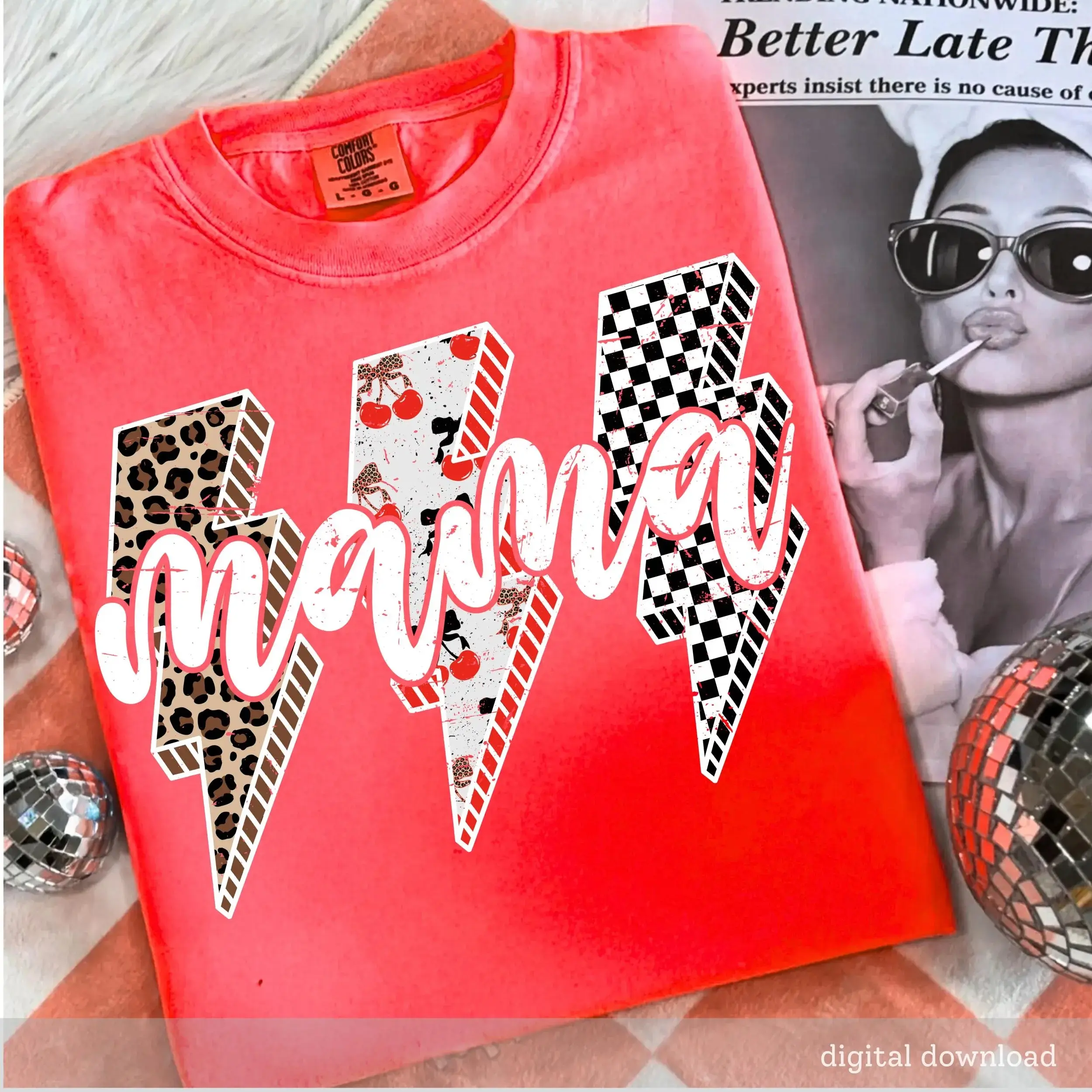 [Flashsale up to 70%]Comfort Colors Lightning Checkered Mama Tee Trendy Mama Leopard Checker Cherry Letters  Cute Retro Mom Shirt Design Gift for Her,Gifts Beach Tee,Girl Women's