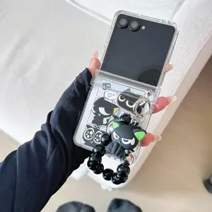 for Samsung Galaxy Z Flip 7 6 5 4 3 flip6 flip7 Rope Strap Cat Pendant Fold Phone Case Cartoon Black Kitten Shockproof Cover