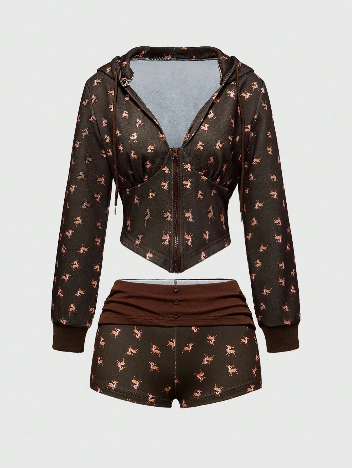 ZESTY 2 Piece Sweatshirt Set Women's Deer Print Hooded Lace Patchwork Shorts Outfit Soft Cozy Relaxed Fit Loungewear Spring Fall Fashion Casual Wear