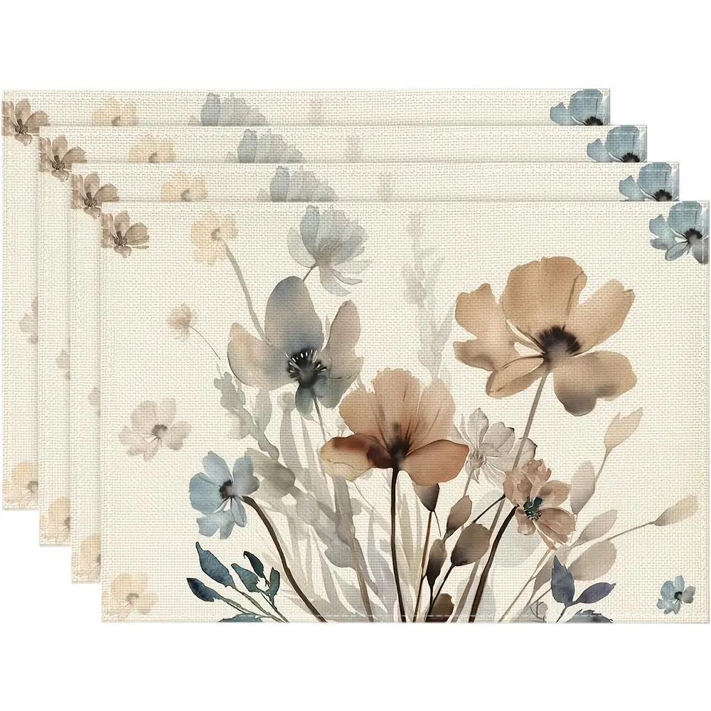 4pcs Lightweight Round Brown Poppy Floral Leaves Fall Placemats, 12x18in Tableware for Home Party Dining, Kitchen Decoration
