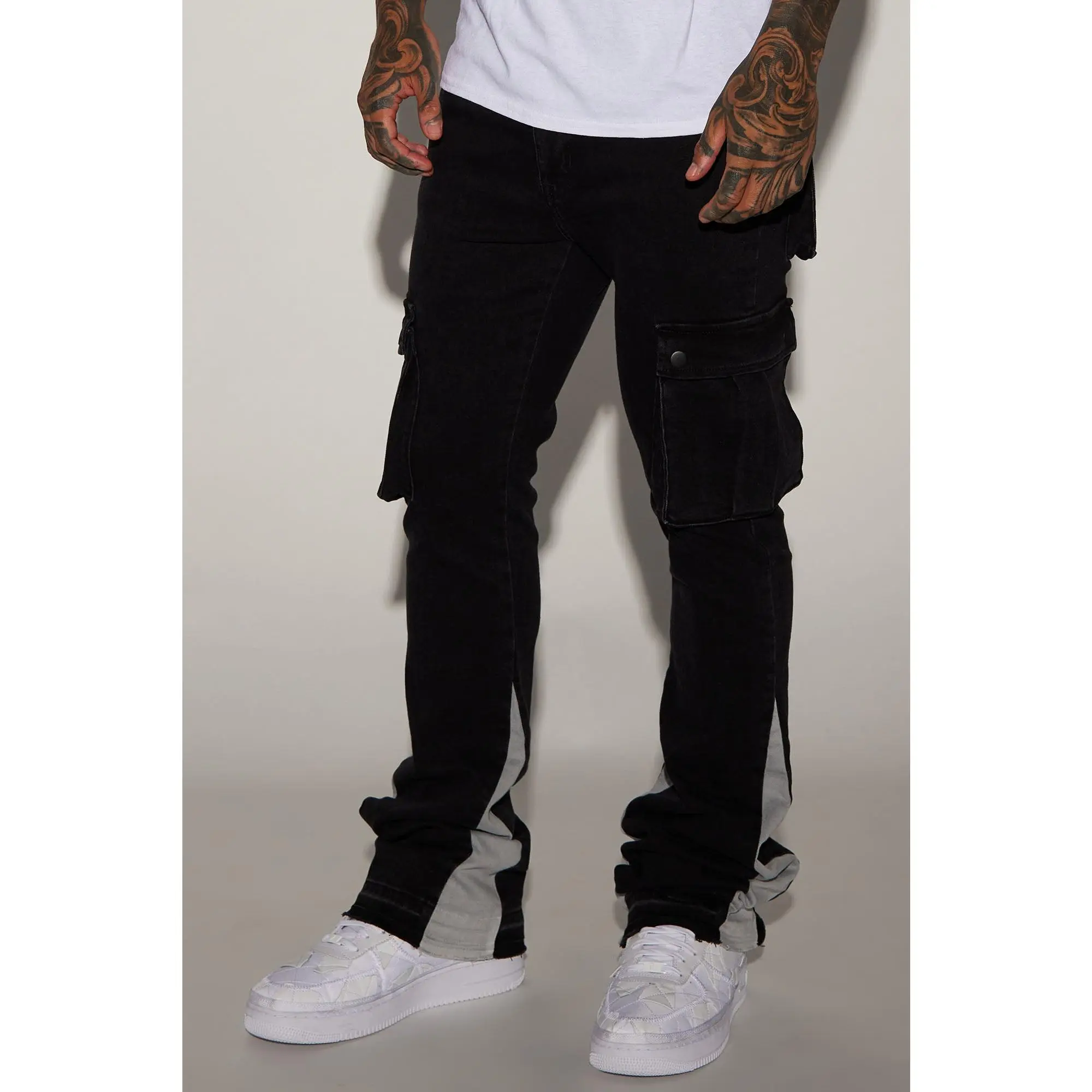Carried Cargo Stacked Skinny Flared Jeans - Black