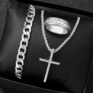 Fashionable hip-hop handsome cross jewelry set 3counts/set, including necklace, ring, bracelet, no fading or allergy, simple and generous, suitable for daily wear, men's gifts