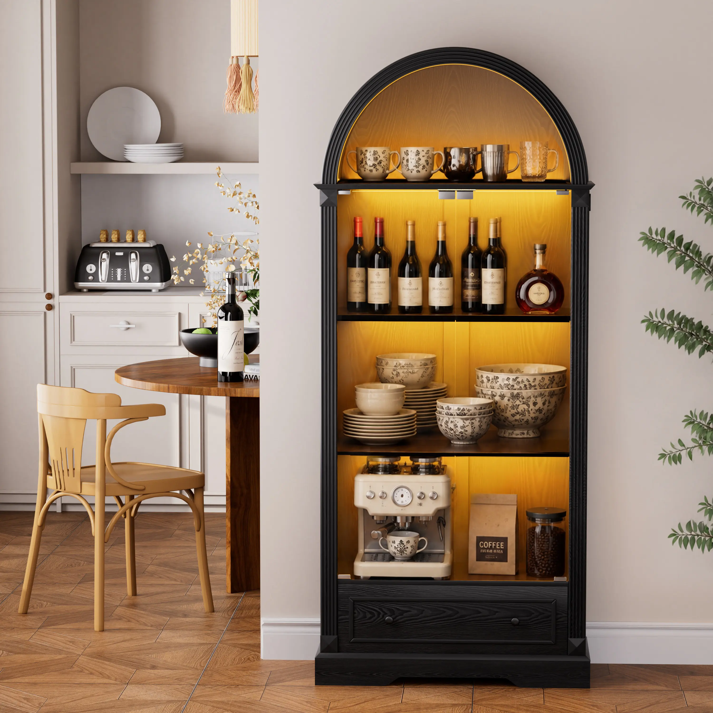 70.9" Tall  Arched Curio Cabinet, Modern Farmhouse Display Cabinet, Handle‑Free Tempered Glass Doors, Motion Sensor 3‑Color Dimmable LED Lights & Storage Drawers for Living Dining Kitchen，Black