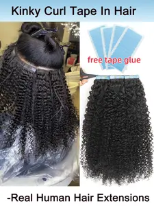 Kinky Curl Human Tape In Hair Extension, 12-22 Inch Length Options, High Density Pack of 20 Sheets, No Glue Invisible Film, Glueless Kinky Curly, Professional African Braid Style, Human Hair Extensions