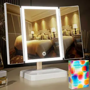 Magnifying Mirror, Table top, Folding. 2X 3X 10X Magnifying Mirror with Adjustable Brightness, Stand, Makeup/Accessories Holding Pouch, White
