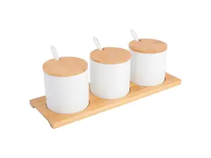 Gibson Gracious Dining 10 Piece Fine Ceramic Condiment Jars with Bamboo Lids and Spoons in White
