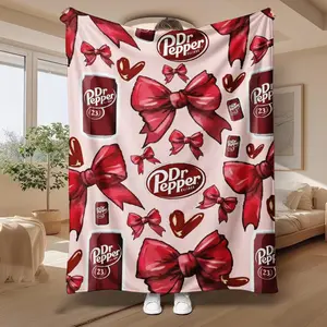 Countdown Sale! Cozy Dr Pepper Themed Flannel Throw Blanket Soft Warm Plush Bedding with Classic Logo Red Bows Hearts Pattern for Bedroom Living Room Couch All Season Gift for Soda Fans