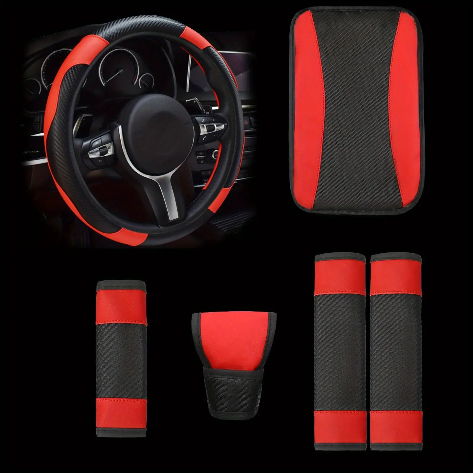 6-Piece Automotive Car Accessories Carbon Fiber Pattern PU Leather Interior Kit - Universal Fit Steering Wheel Cover, Armrest Pad, Shoulder Protector, Handbrake Cover, Anti-Slip, Sweat-Absorbent for Car Styling