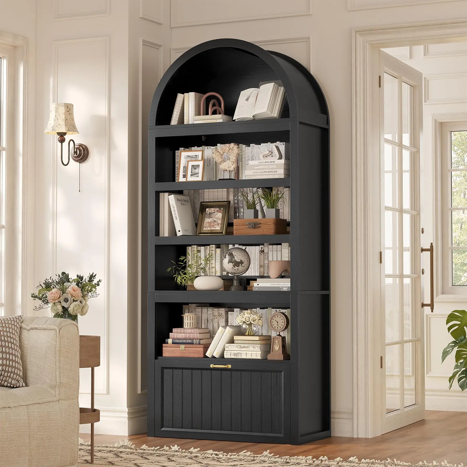 81" Tall Arched Cabinets, Bookcase with Storage Drawer, Mid-Century Modern 5-Tier Bookshelf with 2 Book Risers and Adjustable Shelves for Living Room, Kitchen, Home Office, Black